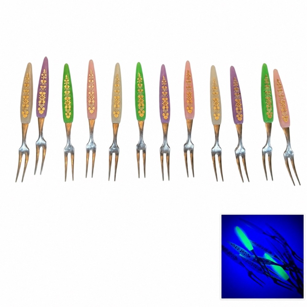 Vintage MCM Cocktail Forks Set of 12 Japan Stainless UV Reactive Handles Glow
